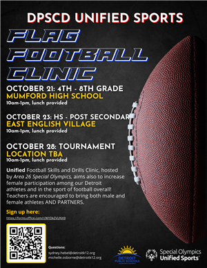 picture of a football and a list of clinic dates